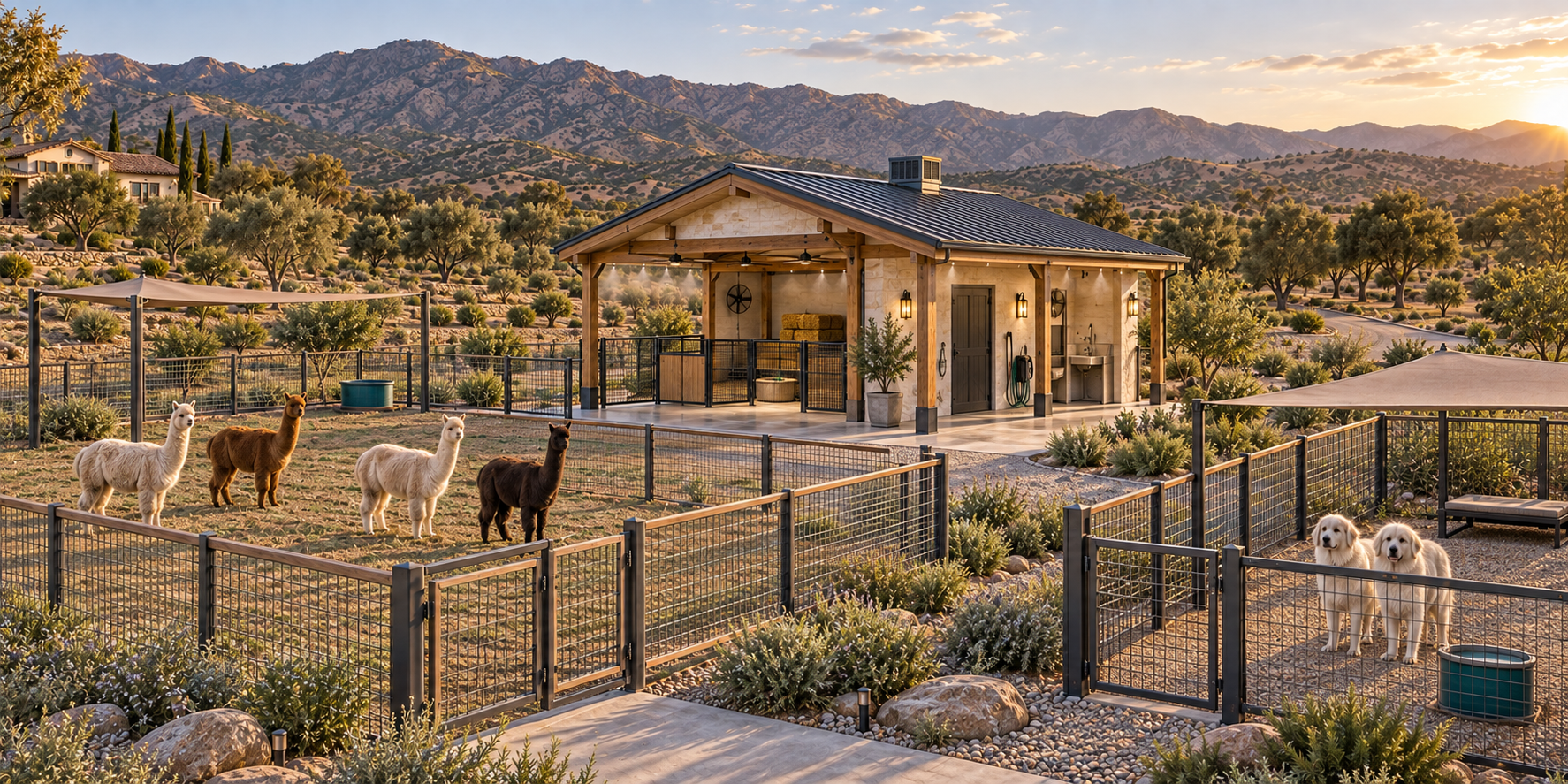 Concept rendering of the compact alpaca barn, exercise paddocks and secure Great Pyrenees yard