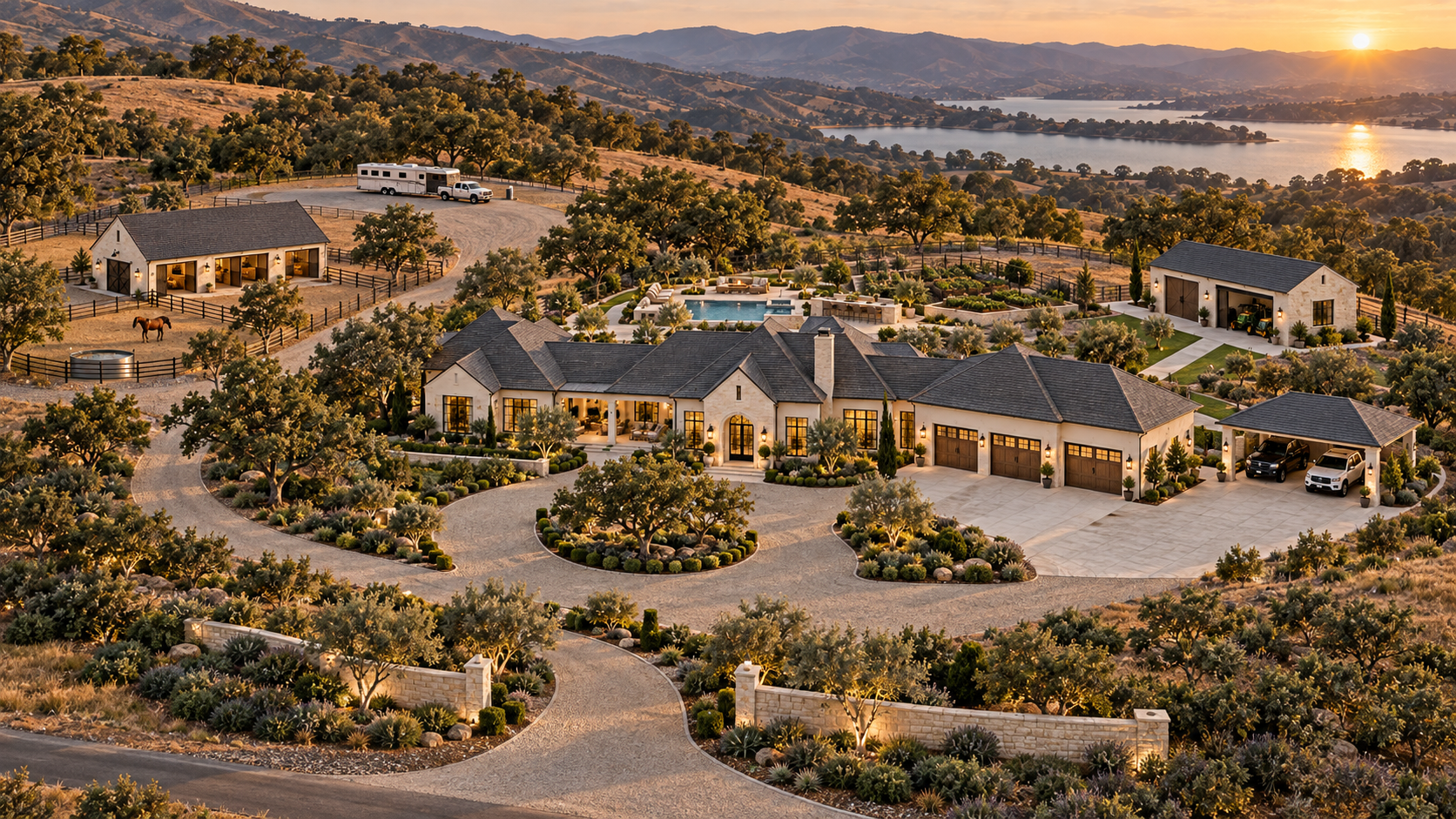 Aerial concept of the Odell Family Retreat compound with house, pool, barn, storage building and trailer parking