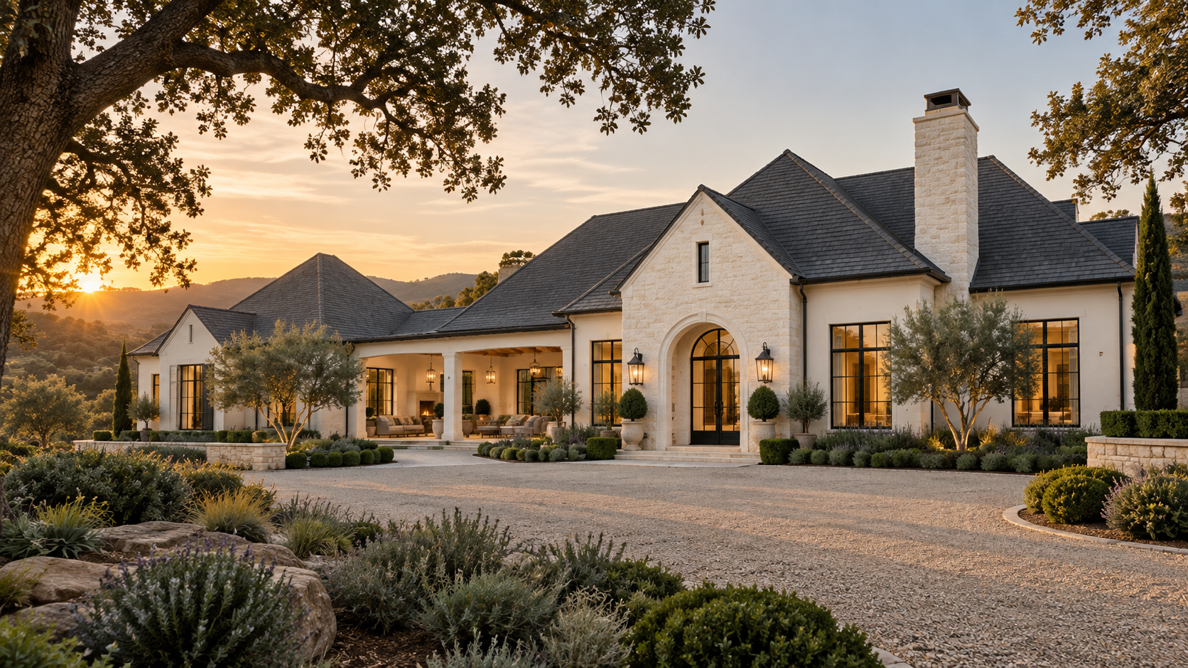 Original concept rendering of a refined modern French Country residence in a California landscape