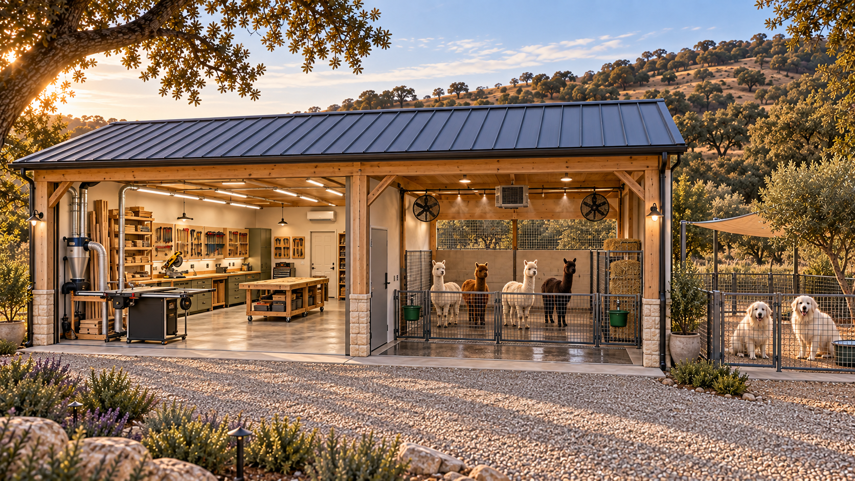Separated powered woodworking shop and ventilated alpaca shelter with secure Great Pyrenees yard