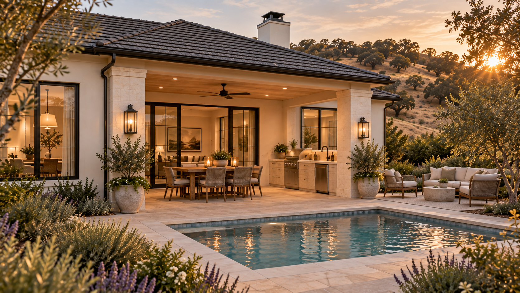 Compact covered outdoor kitchen, dining terrace and rectangular pool