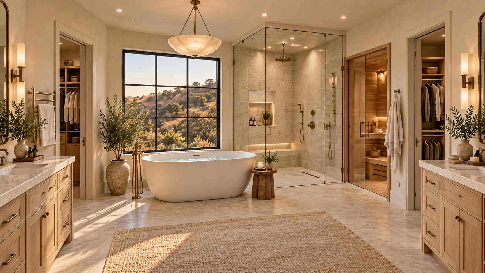 Primary bathroom with whirlpool tub, heated floor, heated towel racks, glass shower, sauna and two walk-in closets