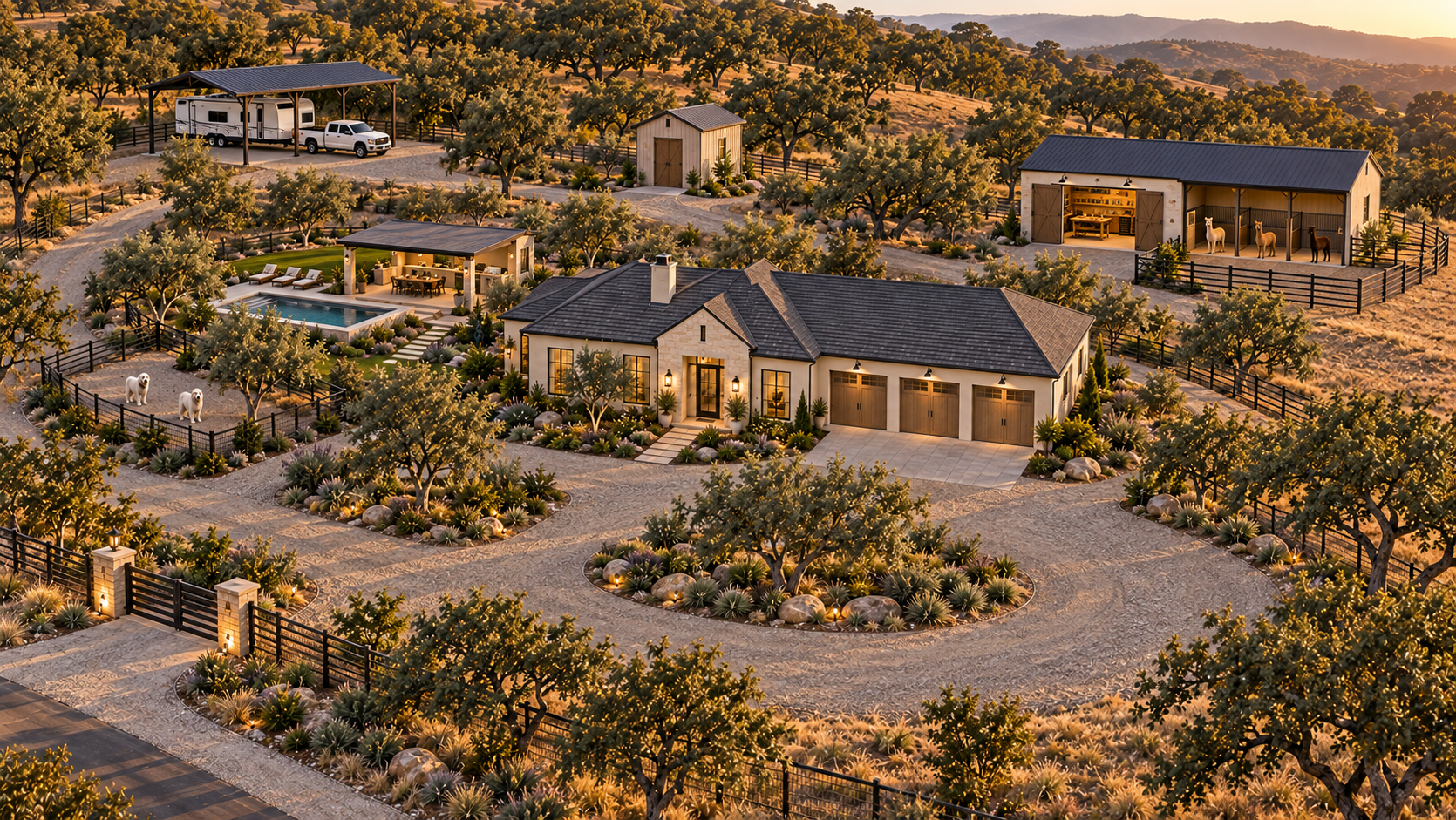 Aerial concept of the Refined Retreat with three-car garage, trailer port, vertical storage and combined barn workshop
