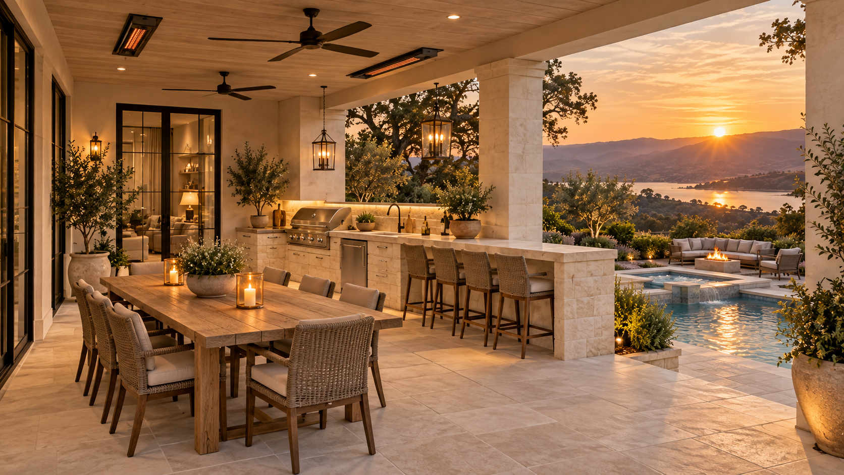 Covered outdoor kitchen with grill, sink, four-seat bar, dining for eight and pool view