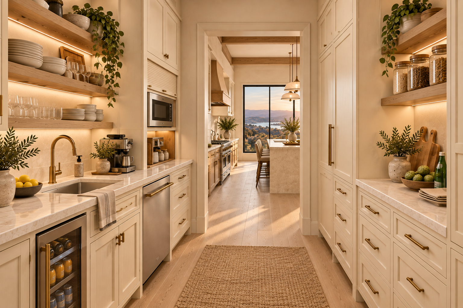 Compact butler pantry with secondary sink, dishwasher, beverage refrigerator, coffee station and storage