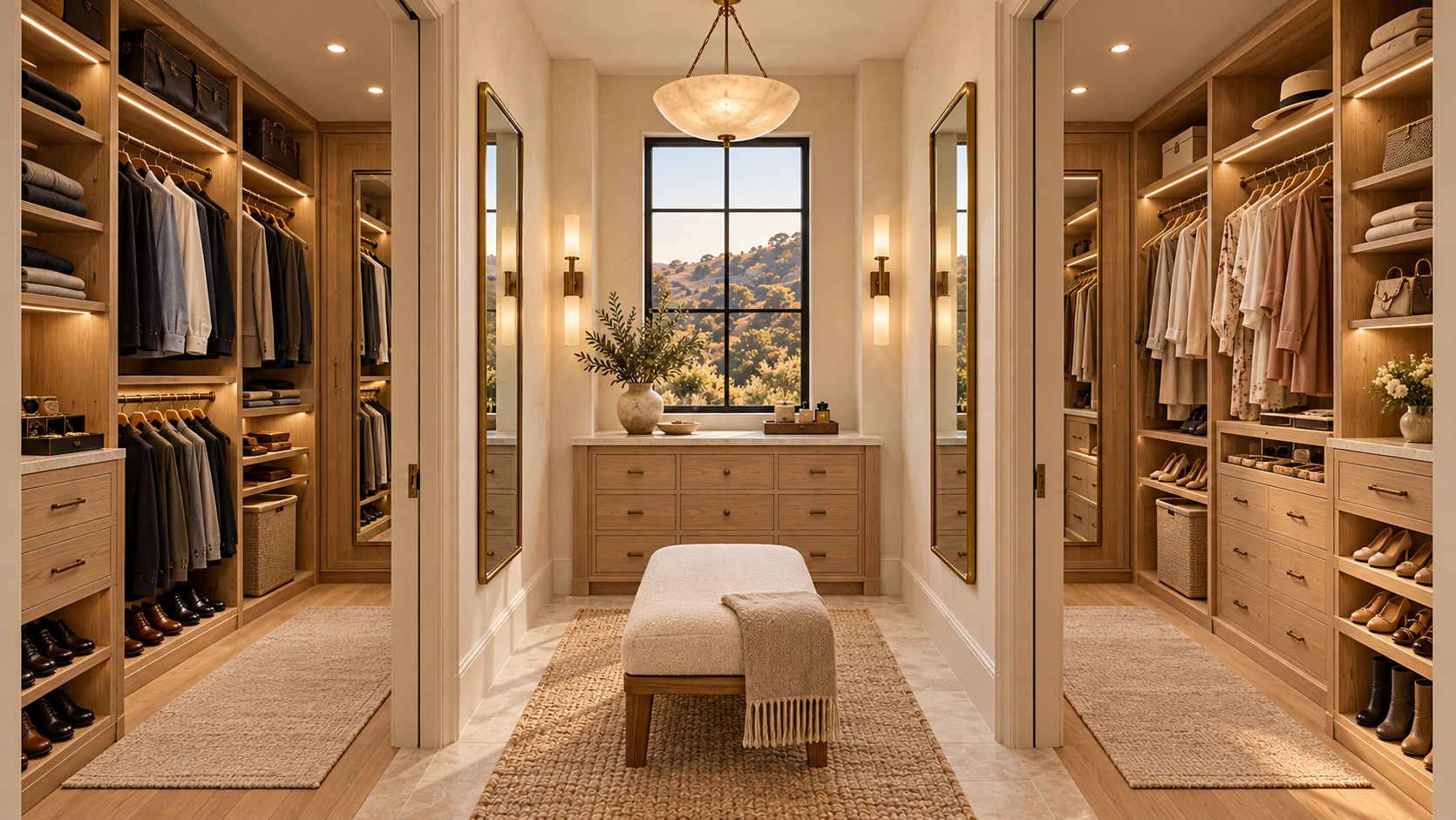 Two coordinated but separate compact walk-in closets connected by a shared dressing vestibule