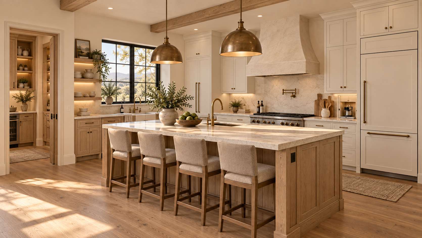 Refined Retreat kitchen with ten-foot island, plaster hood, panel refrigerator and butler-pantry connection