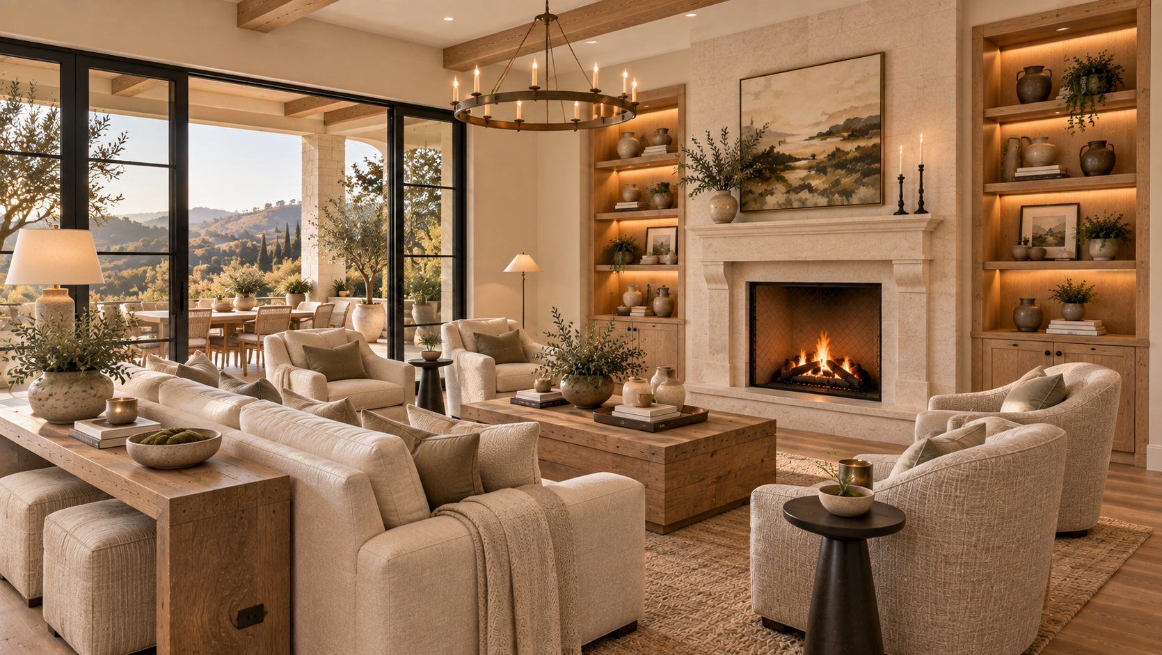 Refined Retreat living room with limestone fireplace, illuminated built-ins, floor outlets and terrace connection
