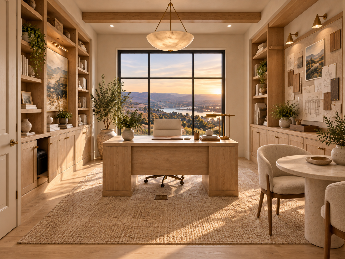 Sharon's dedicated home office with full-height built-ins, sample board, floor outlet and two-seat meeting table