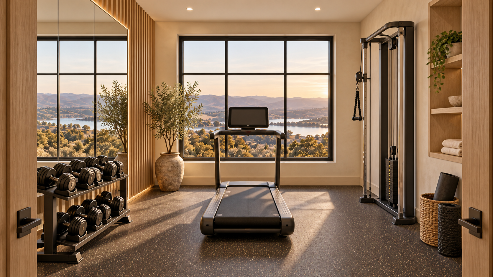 Compact lake-view gym rendering