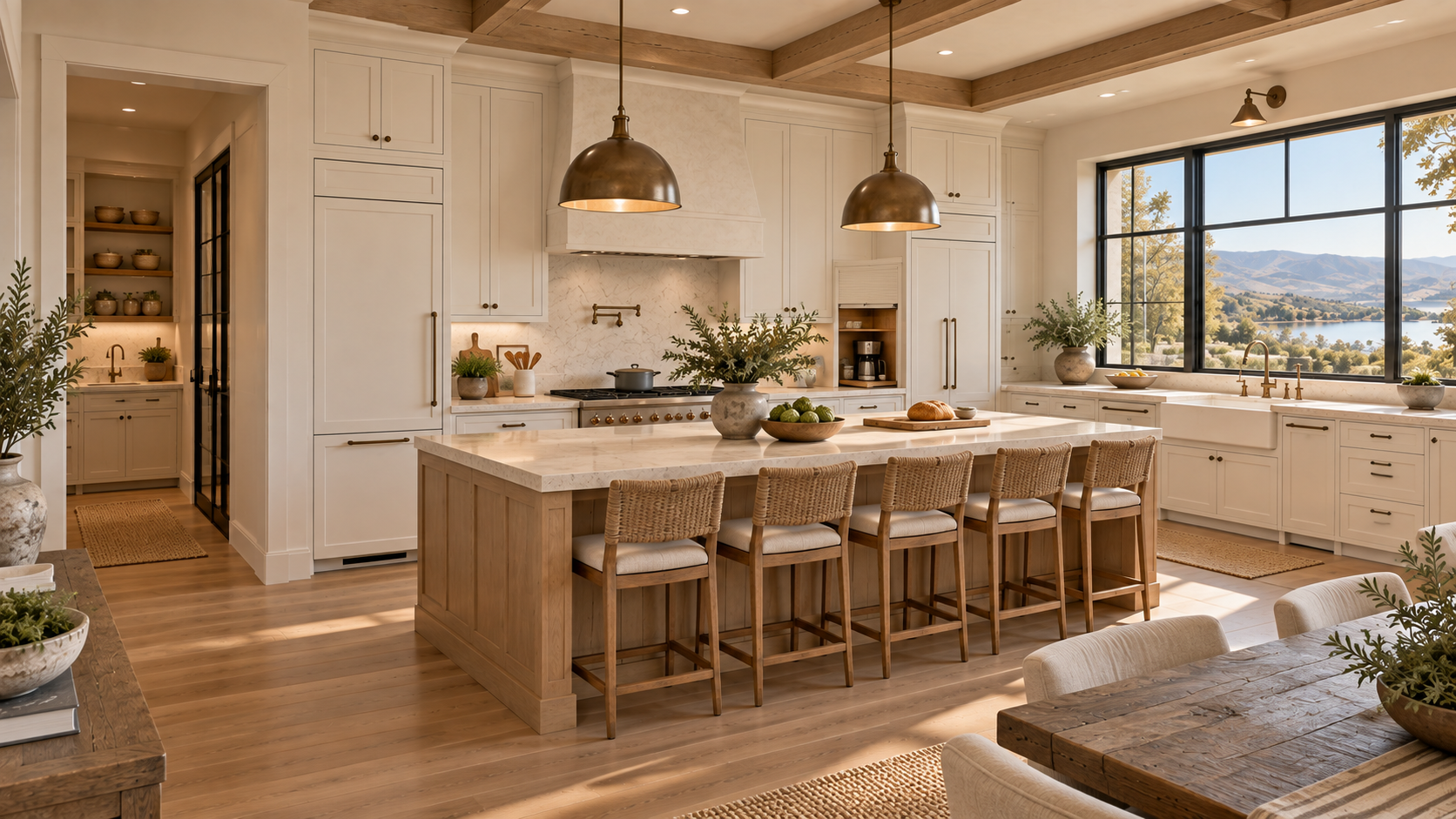 Second kitchen view showing the scaled island, appliance garage and scullery connection