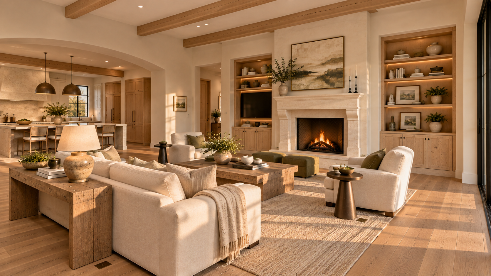 Second living room view showing fireplace, built-in shelves, floor outlets and kitchen connection